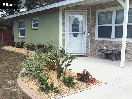 The front walkway after replanting with low-maintenance material