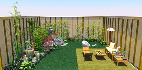 A 3D design visualization of a courtyard garden: a timber deck with seating, bamboo screens, boulders and a water bowl